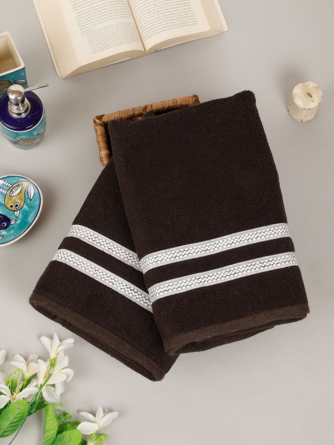 Creeva Comfort Living Brown & White 2 Pieces Striped Cotton 410 GSM Bath Towels