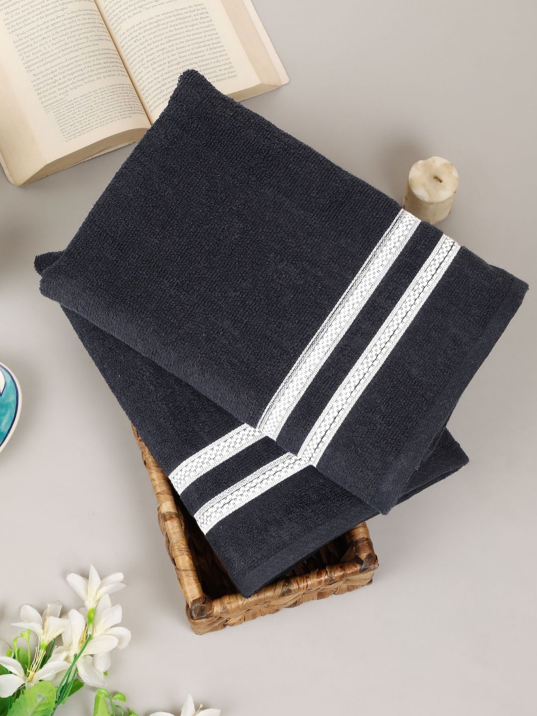 Creeva Comfort Living Navy Blue & White 2 Pieces Striped Cotton 410 GSM Bath Towels
