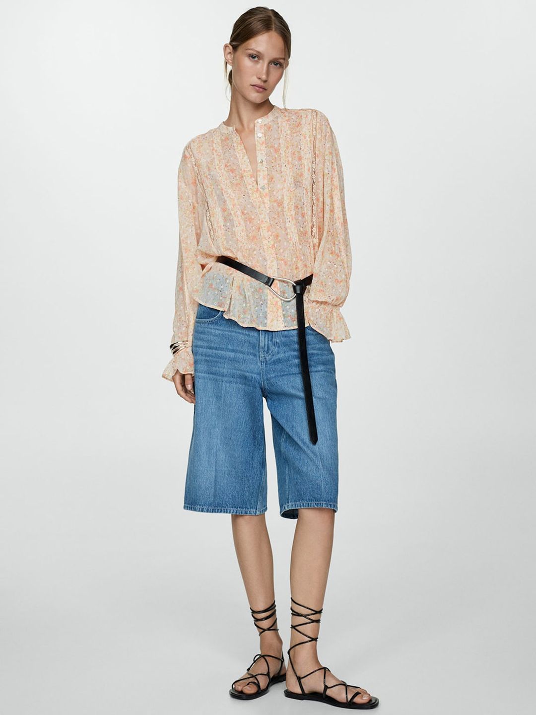 Floral Print Semi Sheer Dobby Shirt Style Top