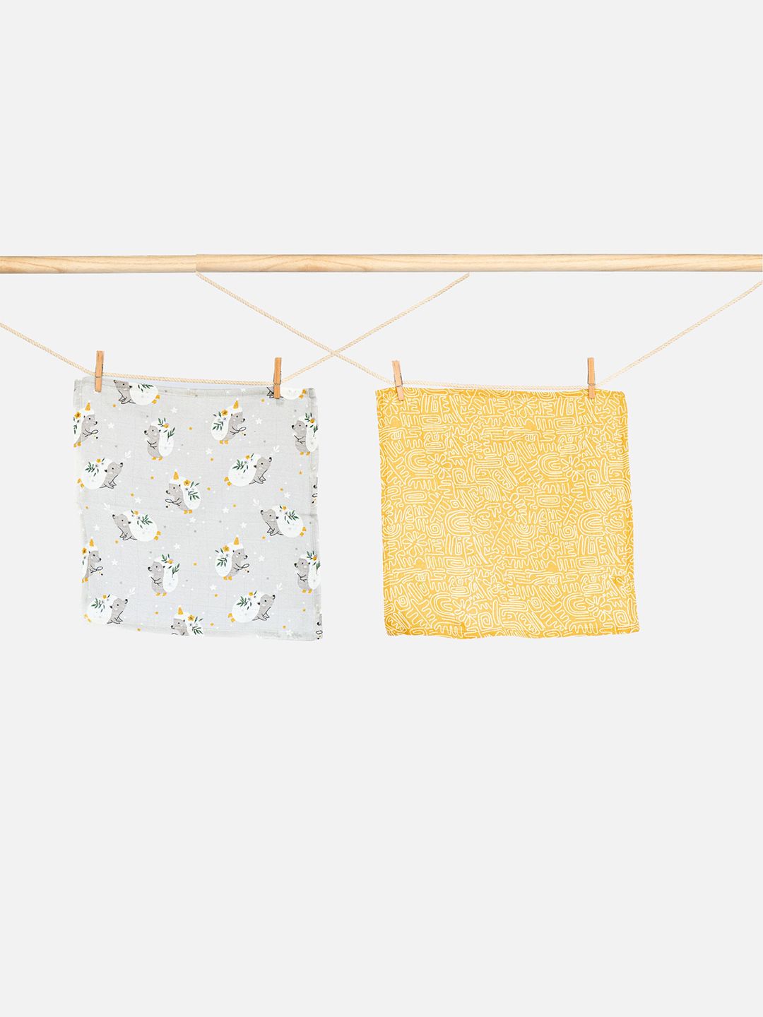 cocoon care Yellow & Grey 2 Pieces Printed Bamboo Muslin 110 GSM Face Towels