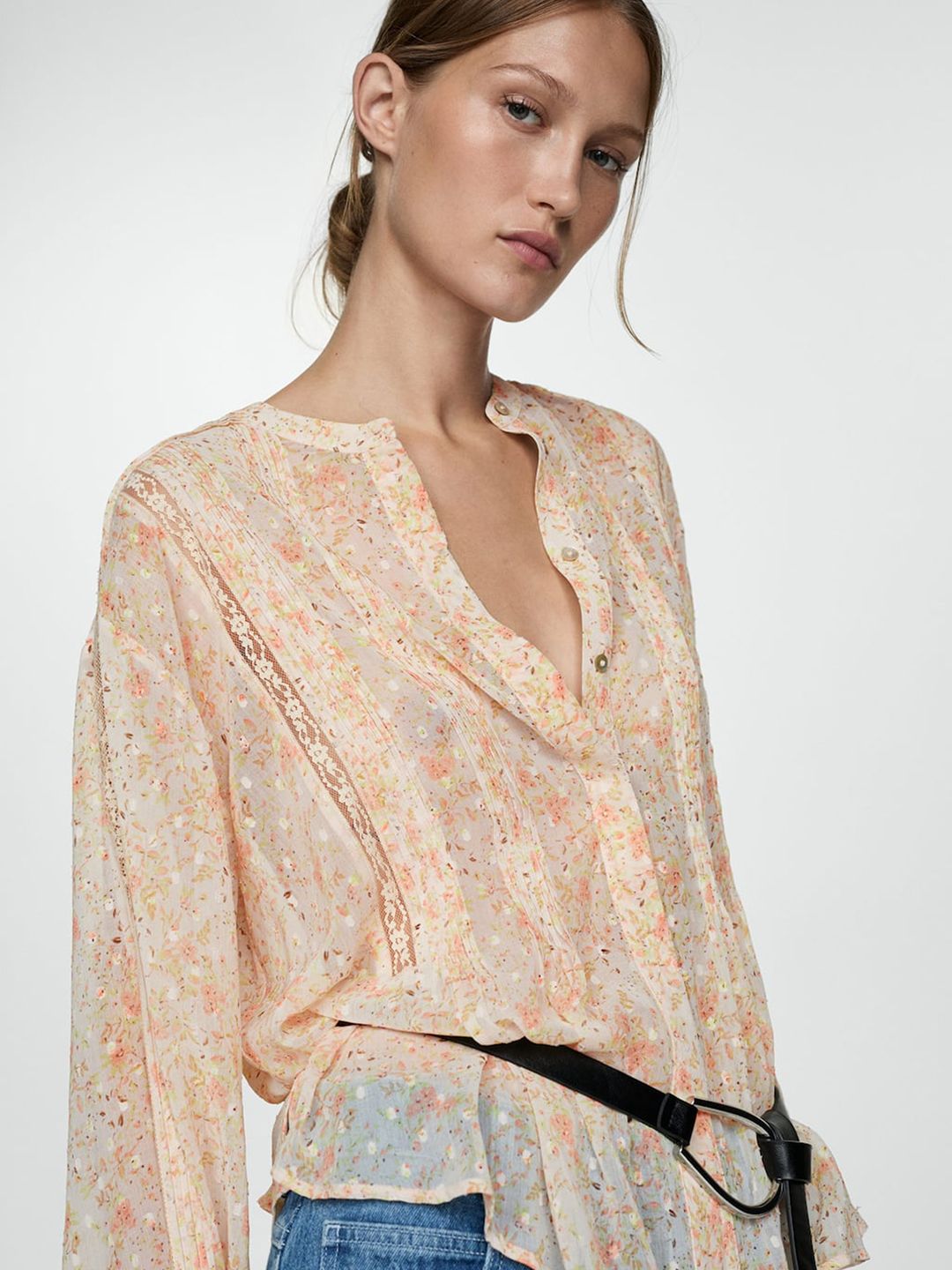 Floral Print Semi Sheer Dobby Shirt Style Top