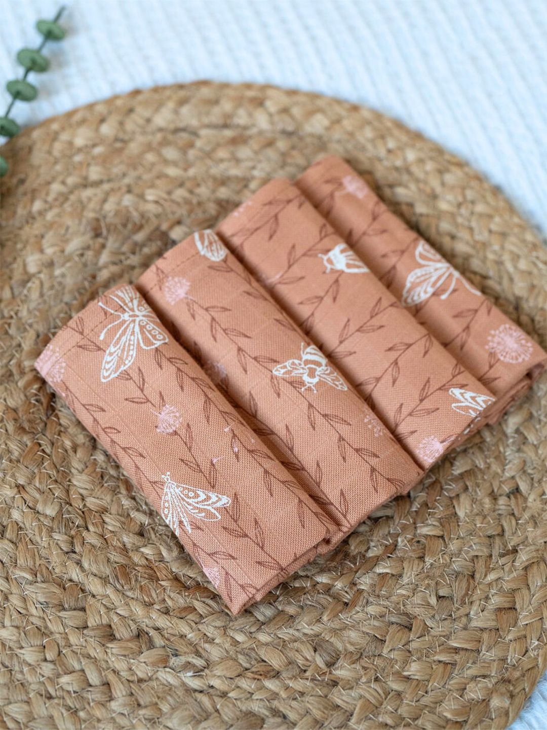 cocoon care Orange-Color & White 4 Pieces Printed Bamboo 110 GSM Face Towels