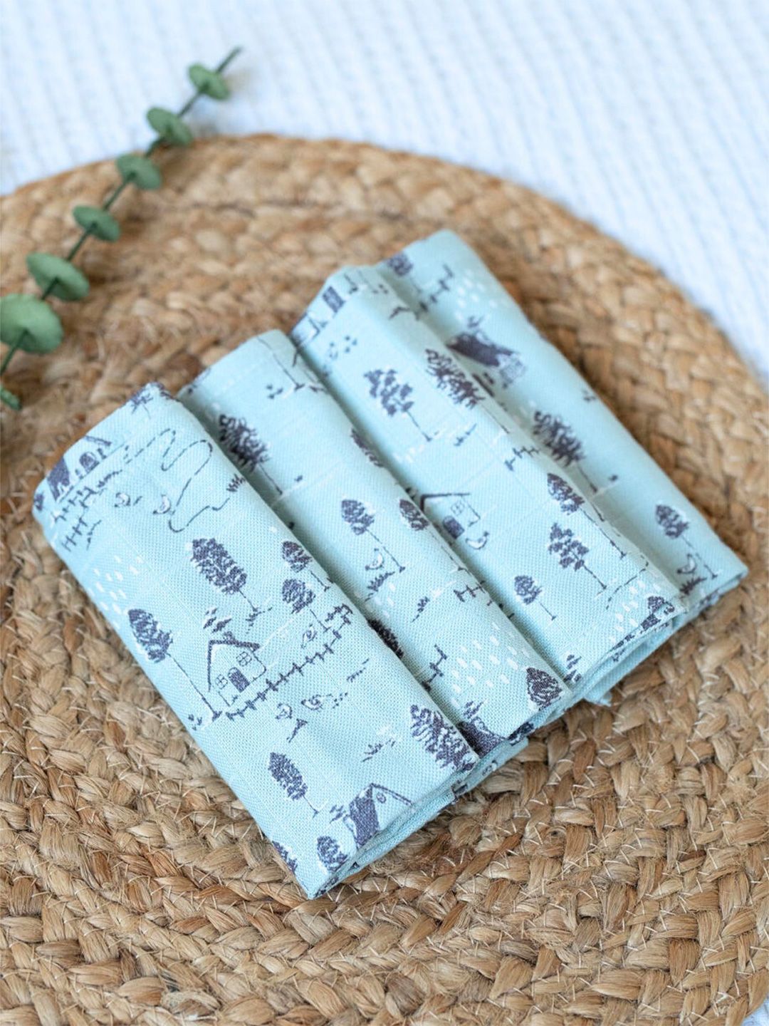 cocoon care Blue 4 Pieces Printed Bamboo Muslin 110 GSM Face Towels