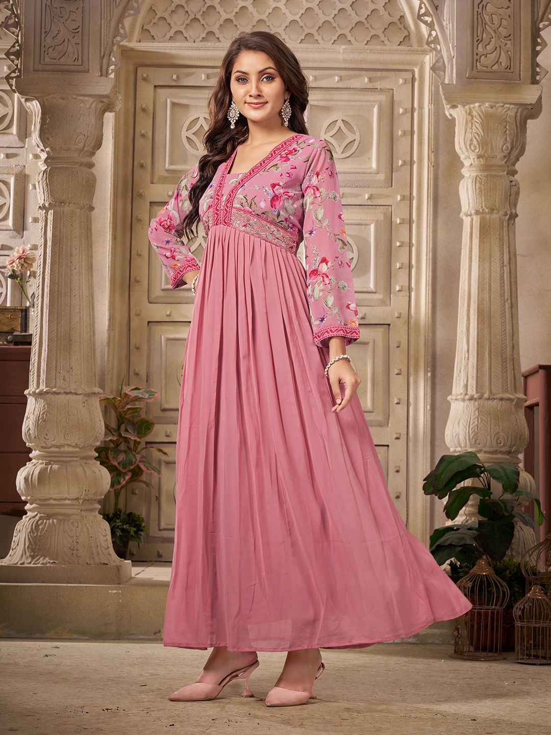 Buy ROZLAND Floral Embroidered Georgette Fit - Flare Maxi Dress