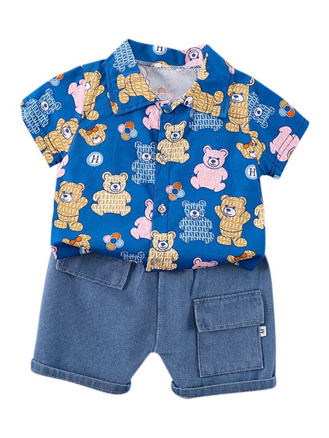 StyleCast x Revolte Kids Blue & Pink Printed Pure Cotton Shirt with Shorts