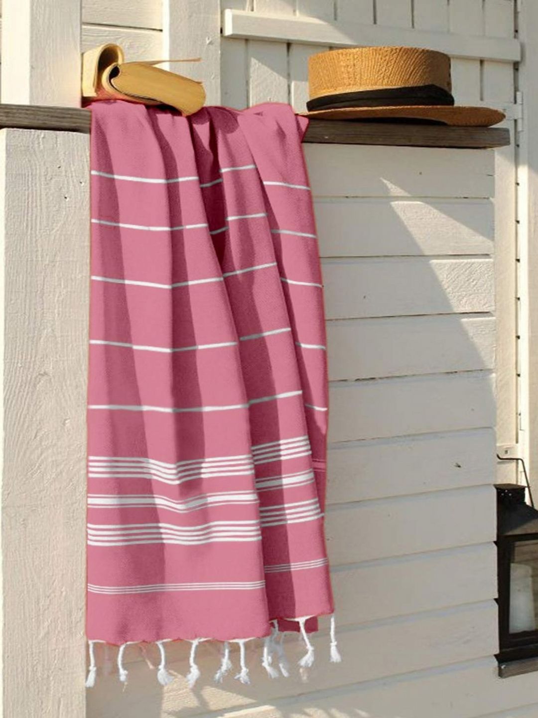 Lushomes Rose & White Striped Cotton 300 GSM Bath Towel