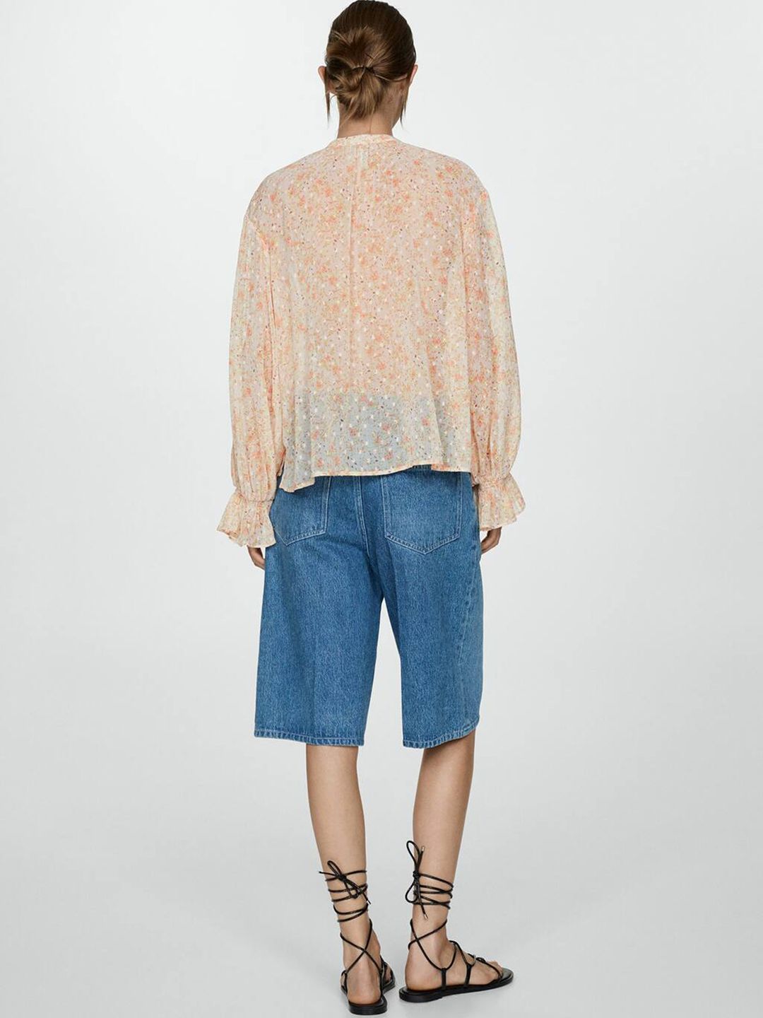 Floral Print Semi Sheer Dobby Shirt Style Top