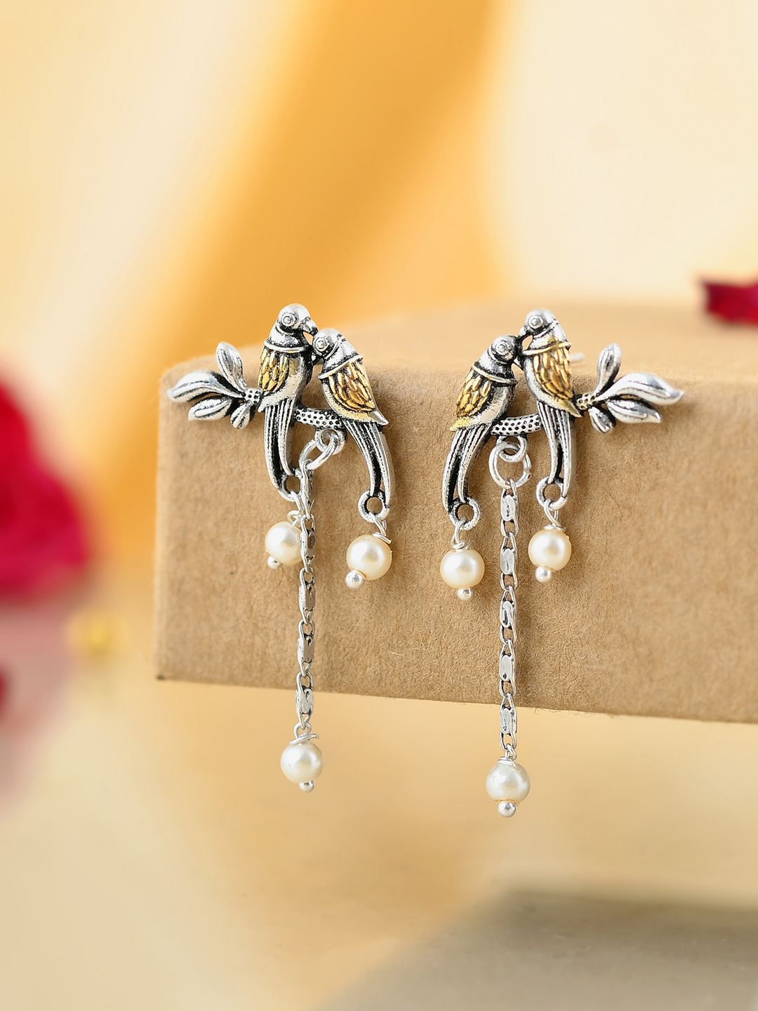 Voylla Qasbah Tota Maina Oxidised Two Tone Stud Earrings