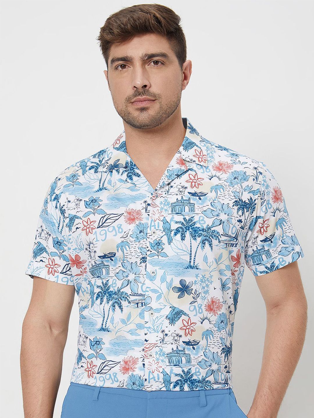 Mufti Mufti Men Cuban Collar Floral Printed Cotton Slim Fit Casual Shirt