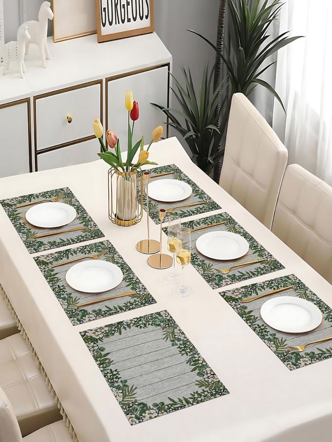 PRAKARTIK Set of 6 Grey & Green Printed Pure Cotton Dining Table Mats