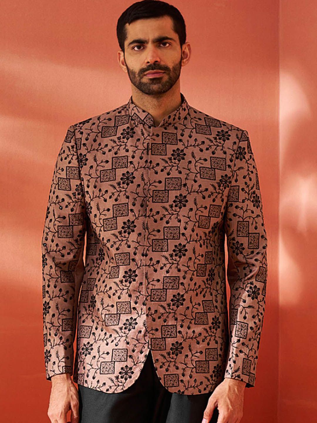 VASTRAMAY Embroidered Sequinned Slim Fit Bandhgala Blazers