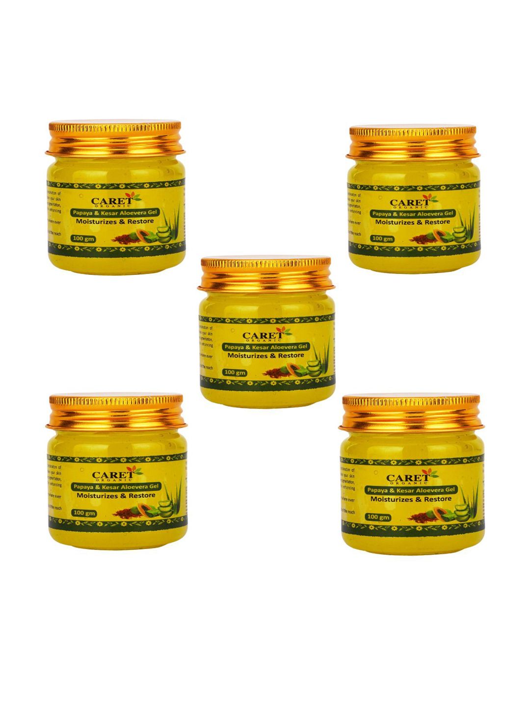 CARET ORGANIC Set Of 5 Papaya & Kesar Aloevera Gel - 100 g Each