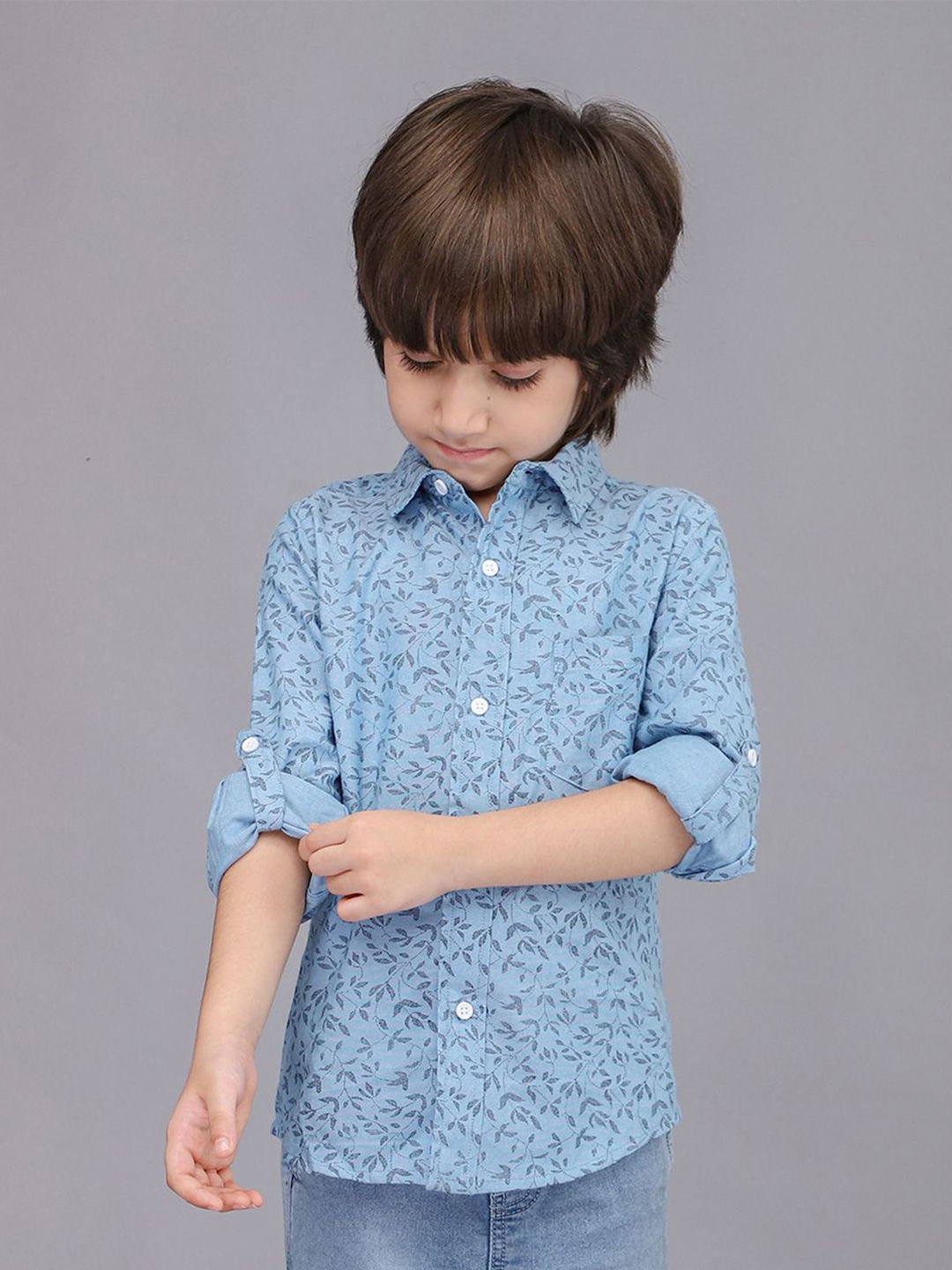 Biglilpeople Boys Standard Spread Collar Floral Printed Cotton Casual Shirt