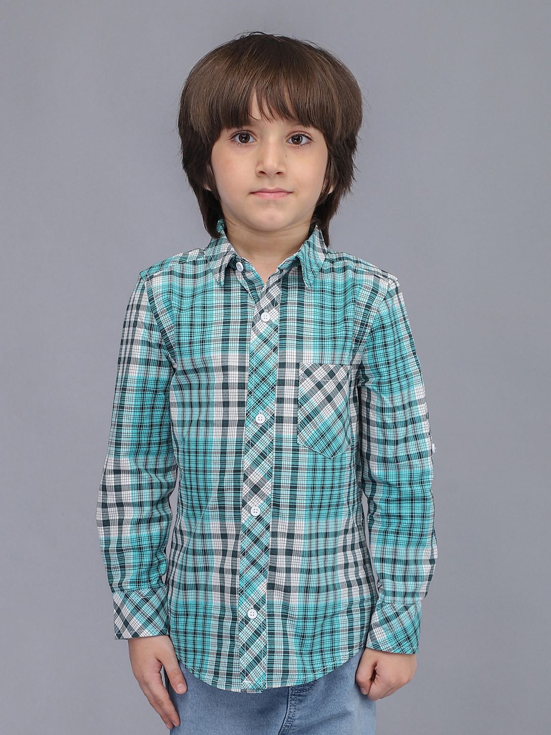 Biglilpeople Boys Standard Spread Collar Checked Cotton Casual Shirt