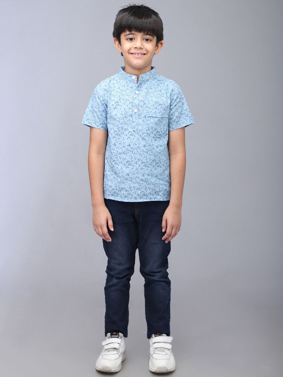 Biglilpeople Boys Standard Mandarin Collar Floral Printed Cotton Casual Shirt