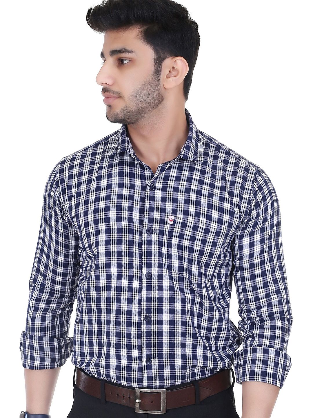 Marc Laurent Men Original Spread Collar Micro Checked Cotton Formal Shirt