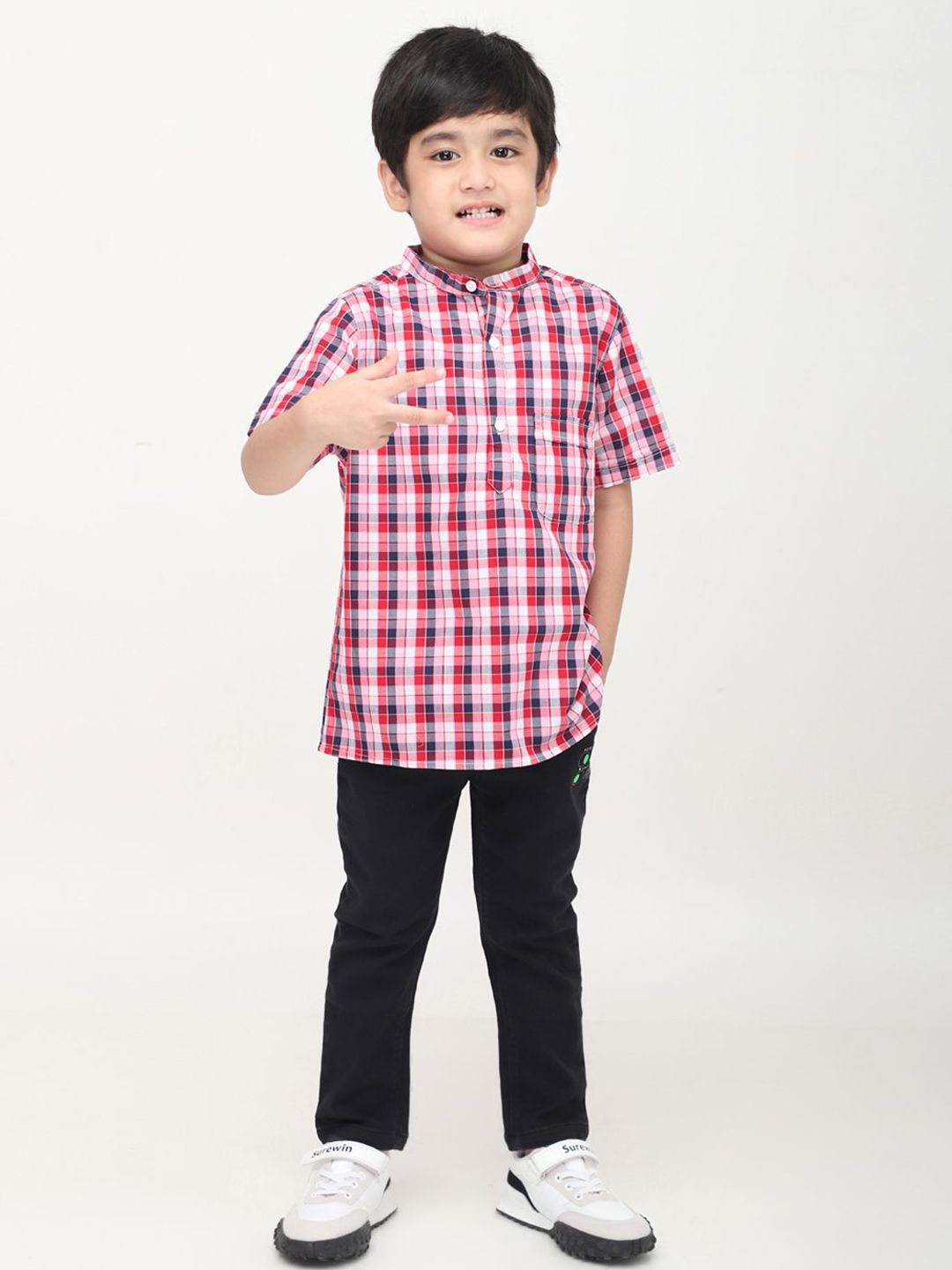 Biglilpeople Boys Standard Mandarin Collar Checked Cotton Casual Shirt