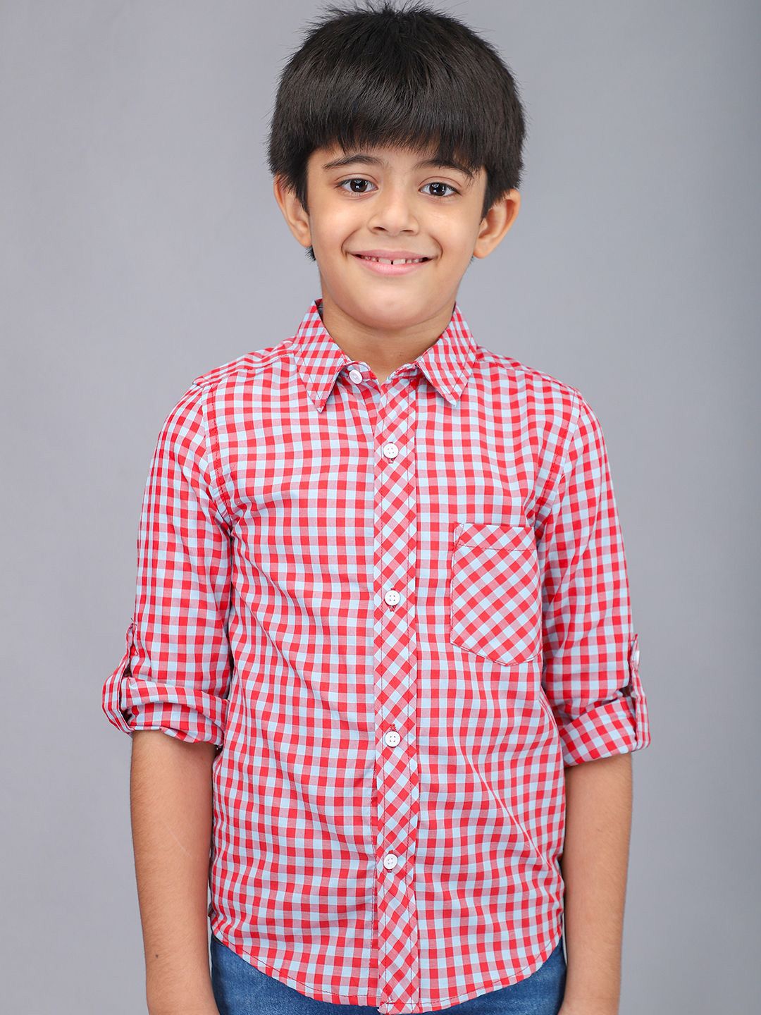 Biglilpeople Boys Standard Spread Collar Checked Cotton Casual Shirt