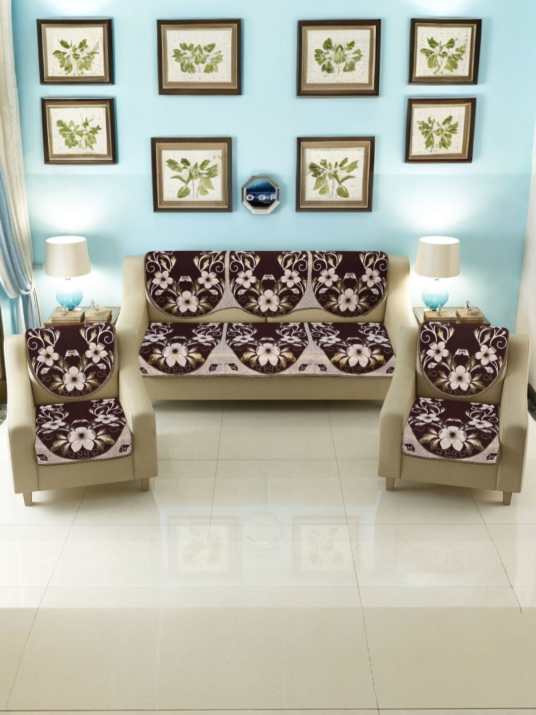 BIGGER FISH Coffee Brown Floral Cotton Washable 10PC Straight 5 Seater Sofa Cover-55x67In