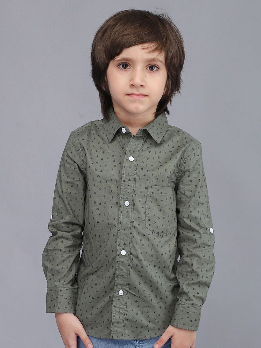 Biglilpeople Boys Standard Spread Collar Micro Ditsy Printed Cotton Casual Shirt