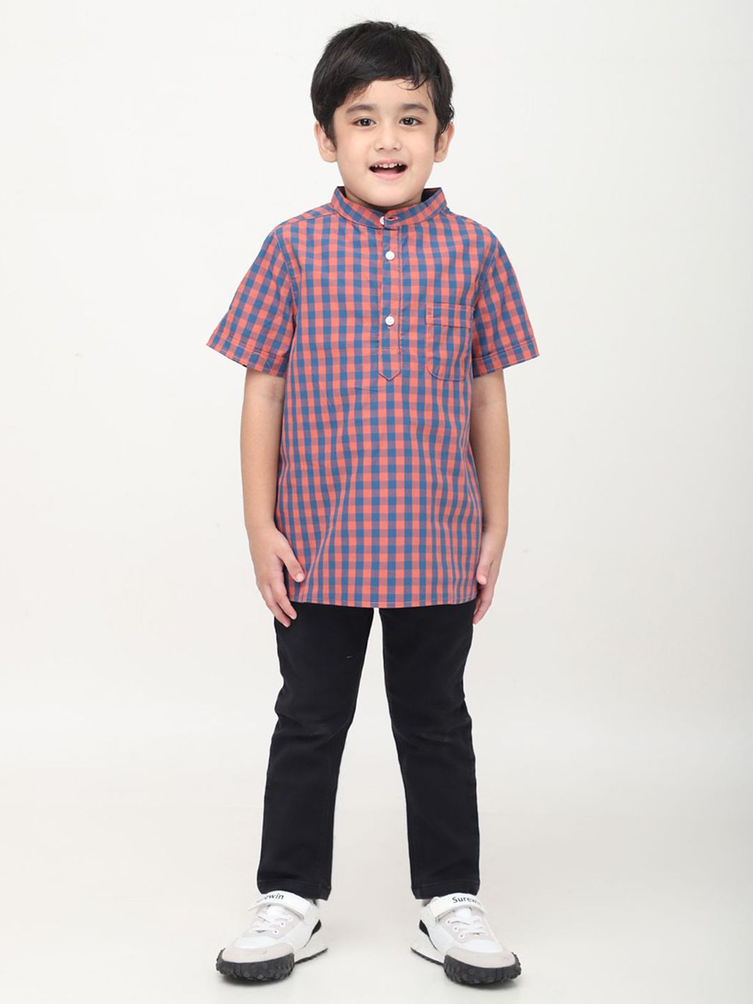 Biglilpeople Boys Standard Mandarin Collar Checked Cotton Casual Shirt