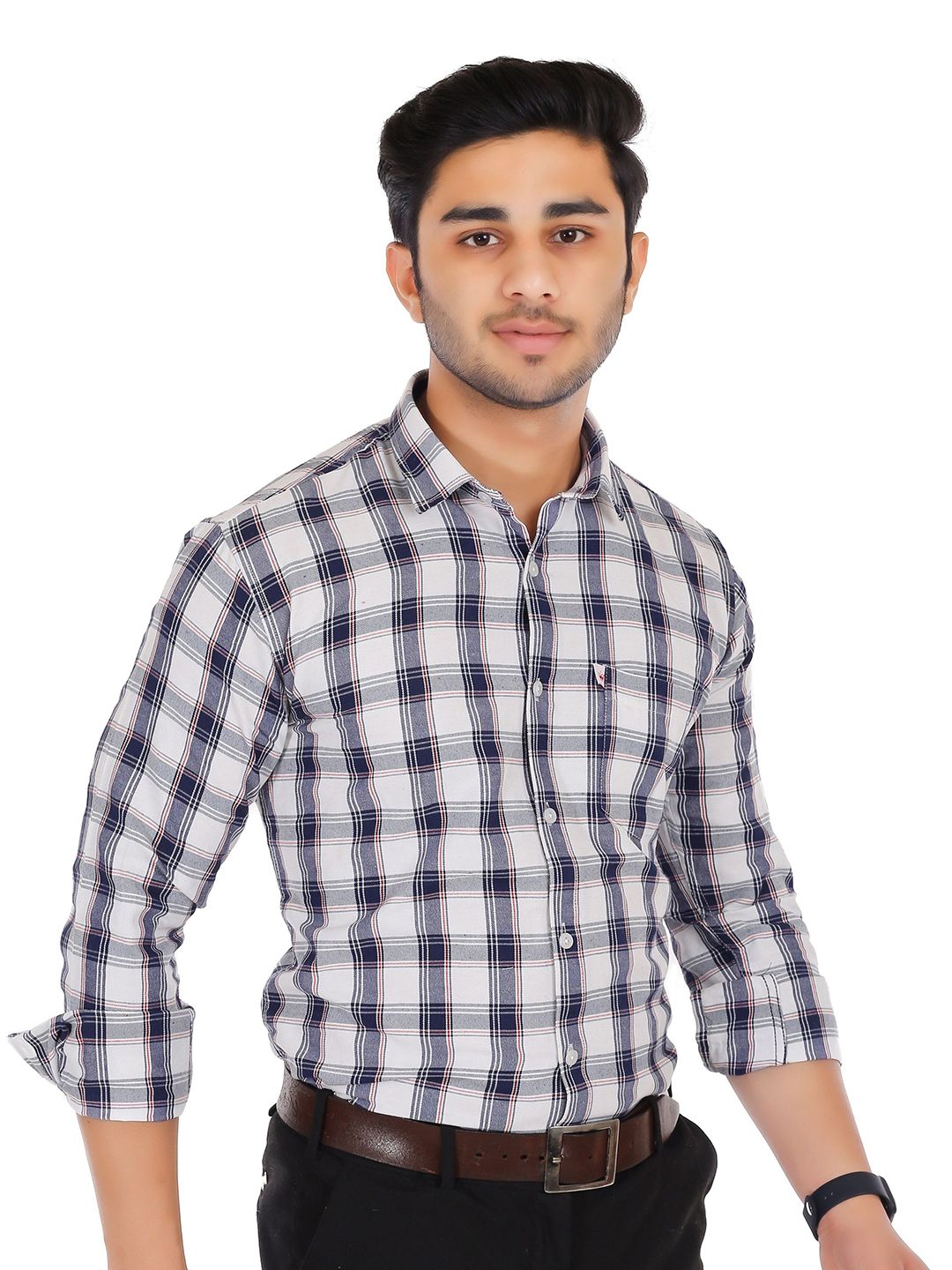 Marc Laurent Men Original Spread Collar Tartan Checked Cotton Formal Shirt