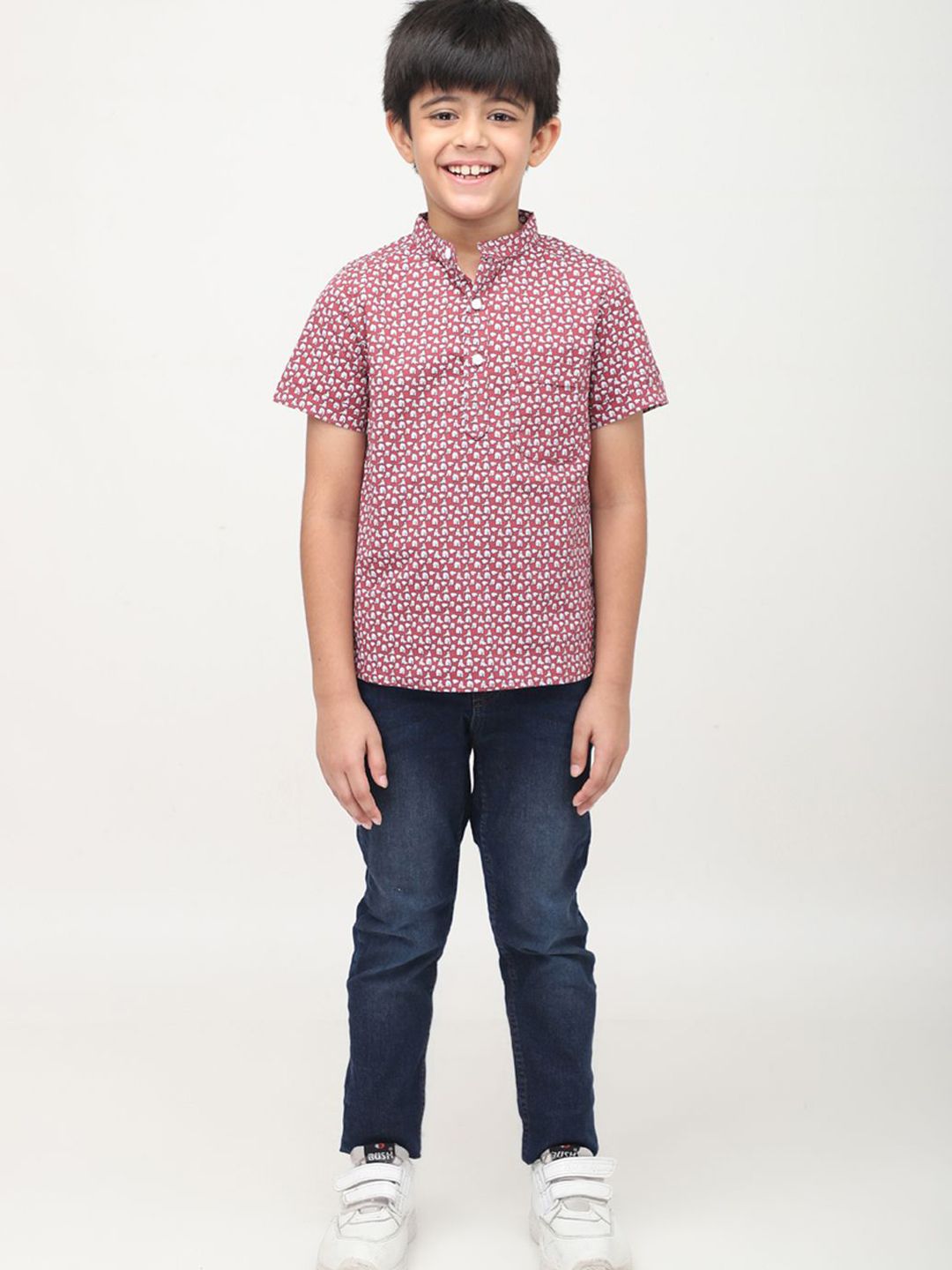 Biglilpeople Boys Standard Band Collar Abstract Printed Cotton Casual Shirt