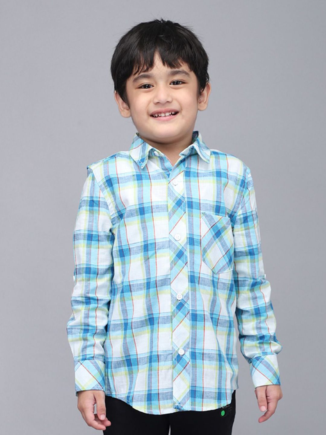 Biglilpeople Boys Standard Spread Collar Tartan Checked Cotton Casual Shirt