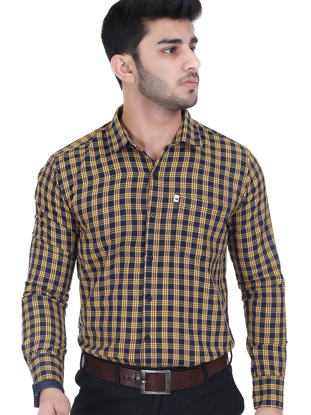 Marc Laurent Men Original Spread Collar Tartan Checked Cotton Formal Shirt