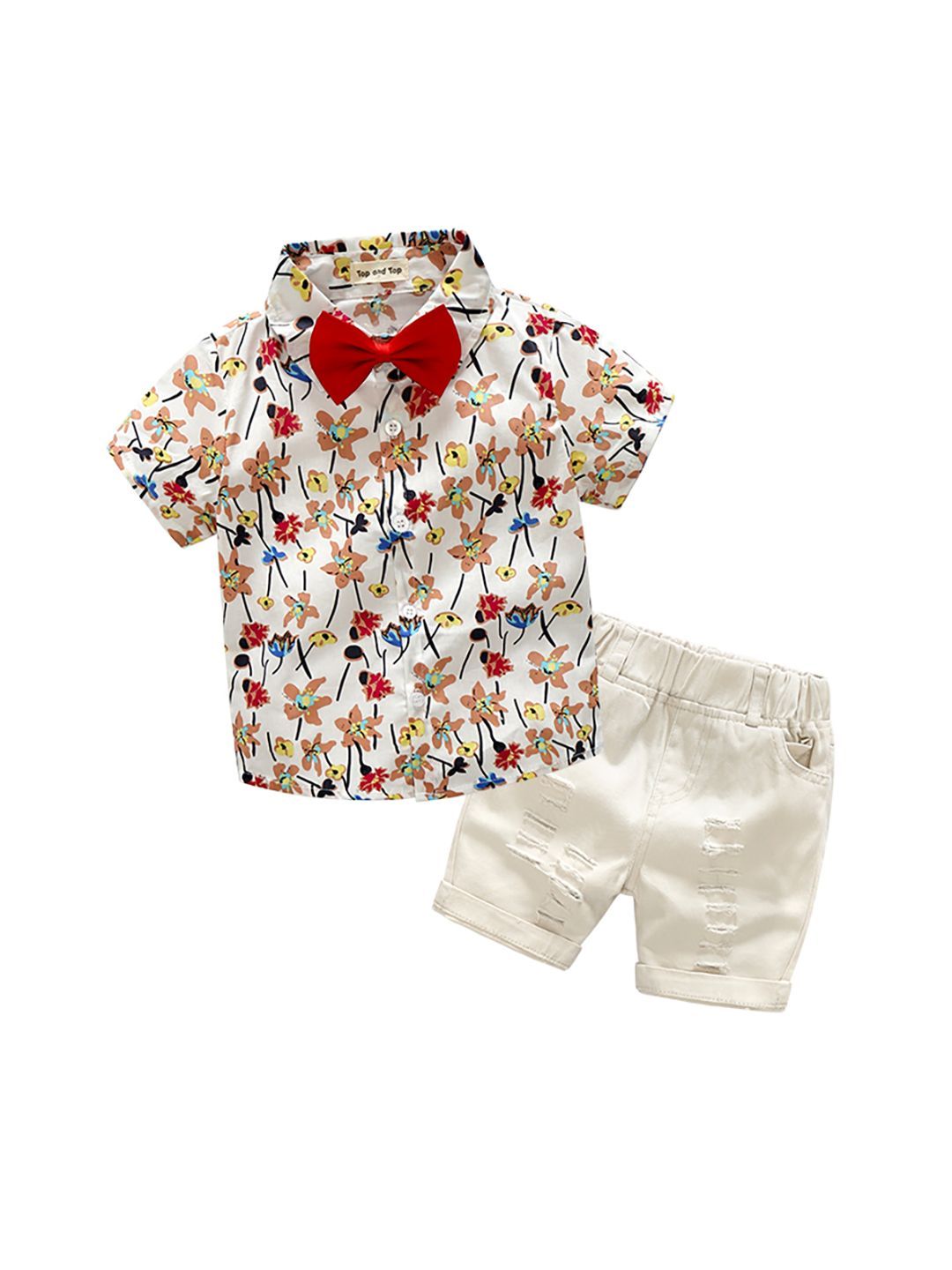 JC SPARKLE Boys Floral Printed Shirt with Shorts and Bow Tie