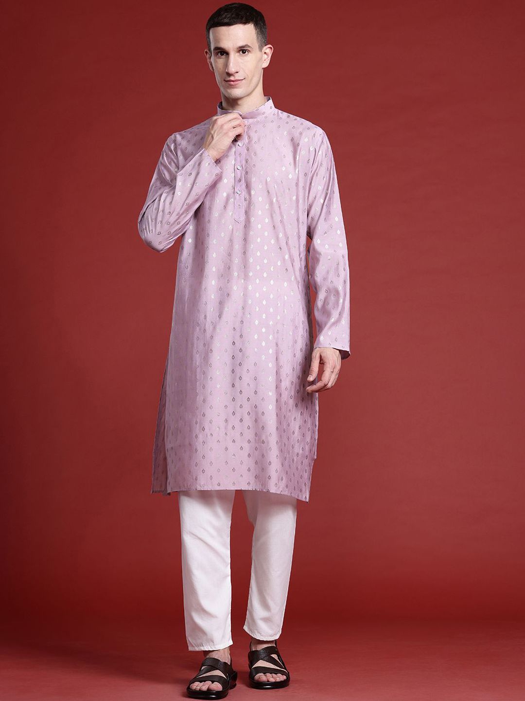 MANQ Ethnic Motifs Woven Design Mandarin Collar Pure Cotton Straight Kurta