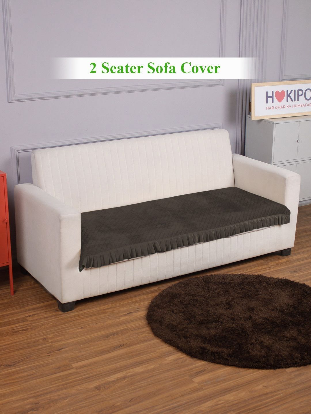 HOKIPO Dark Grey Holland Velvet 2 Seater Sofa Cover Seat Mat with Frill