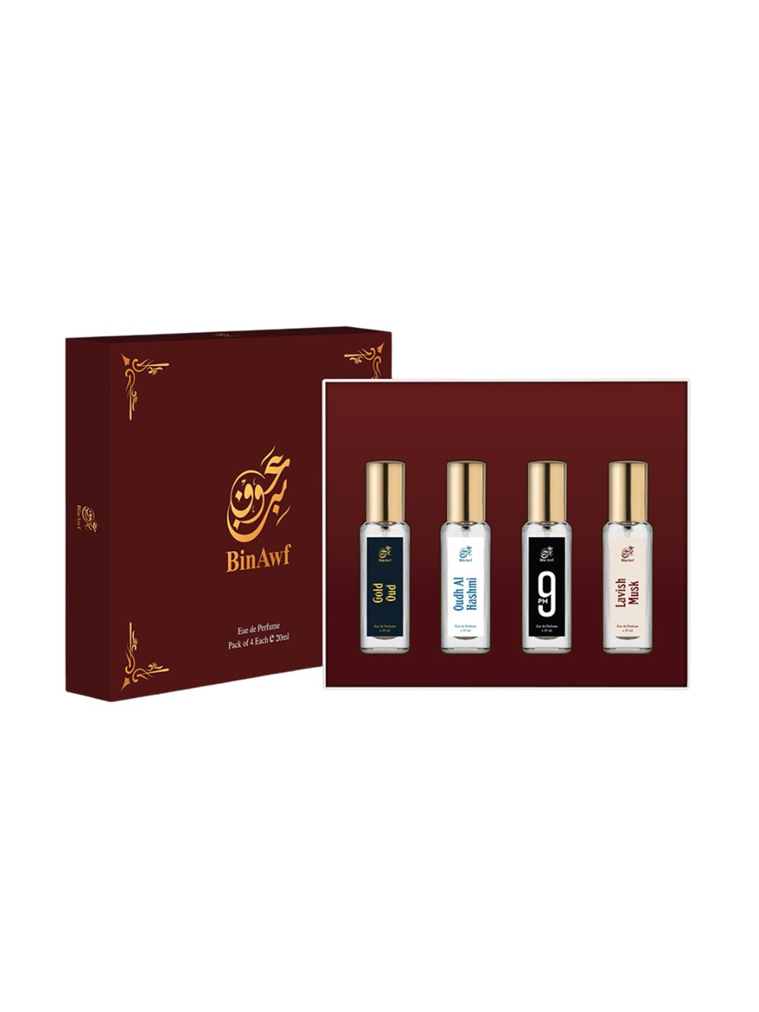 BinAwf Set Of 4 Gold Oud, Oudh Al Hashmi, 9Pm & Lavish Eau De Parfum 20 ml Each