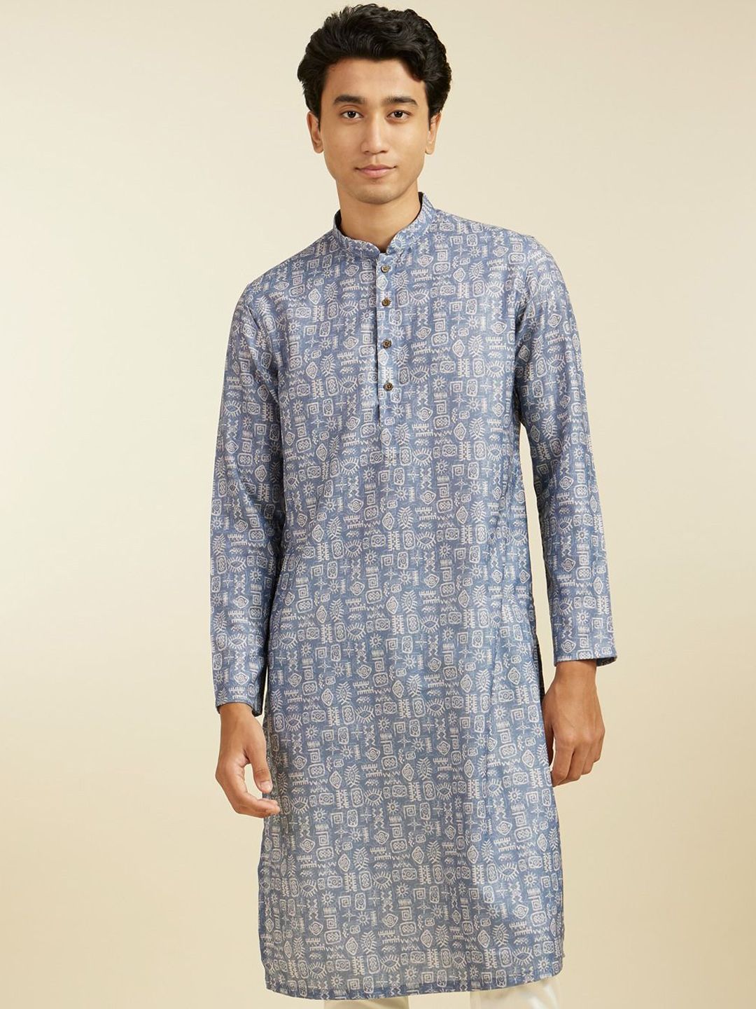 Diwas by Manyavar Geometric Printed Mandarin Collar Straight Kurta