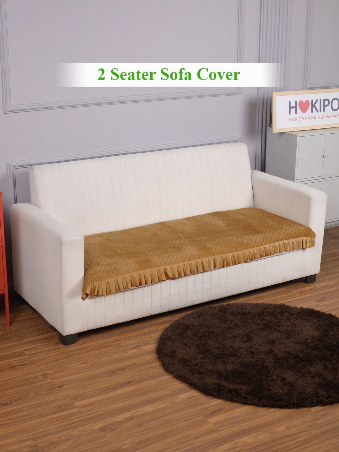 HOKIPO Frill design Holland Geometric Velvet Washable Straight 2 Seater Sofa Mat-26x47In