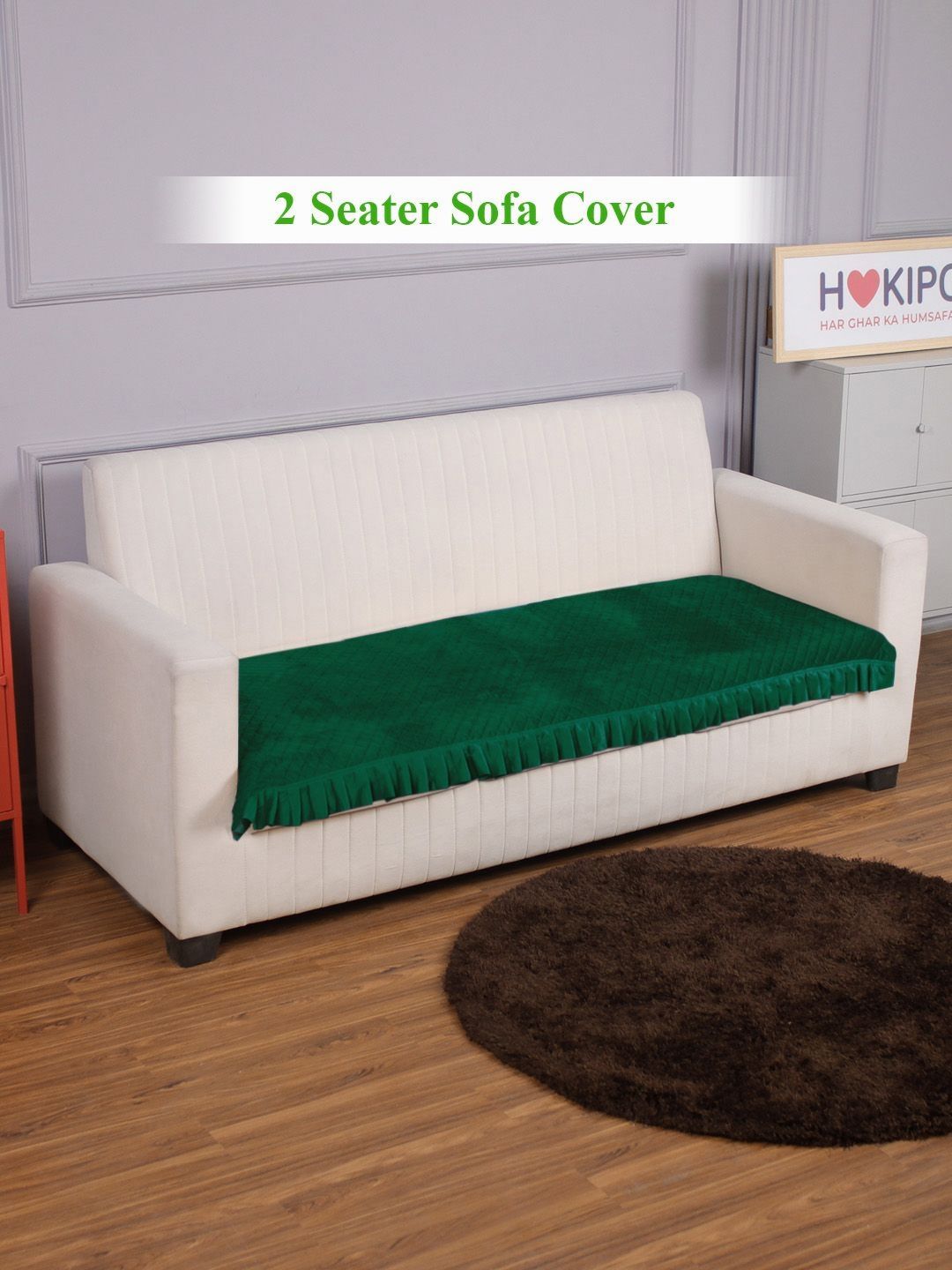 HOKIPO Bottle Green Holland Velvet 2 Seater Sofa Cover Seat Mat with Frill