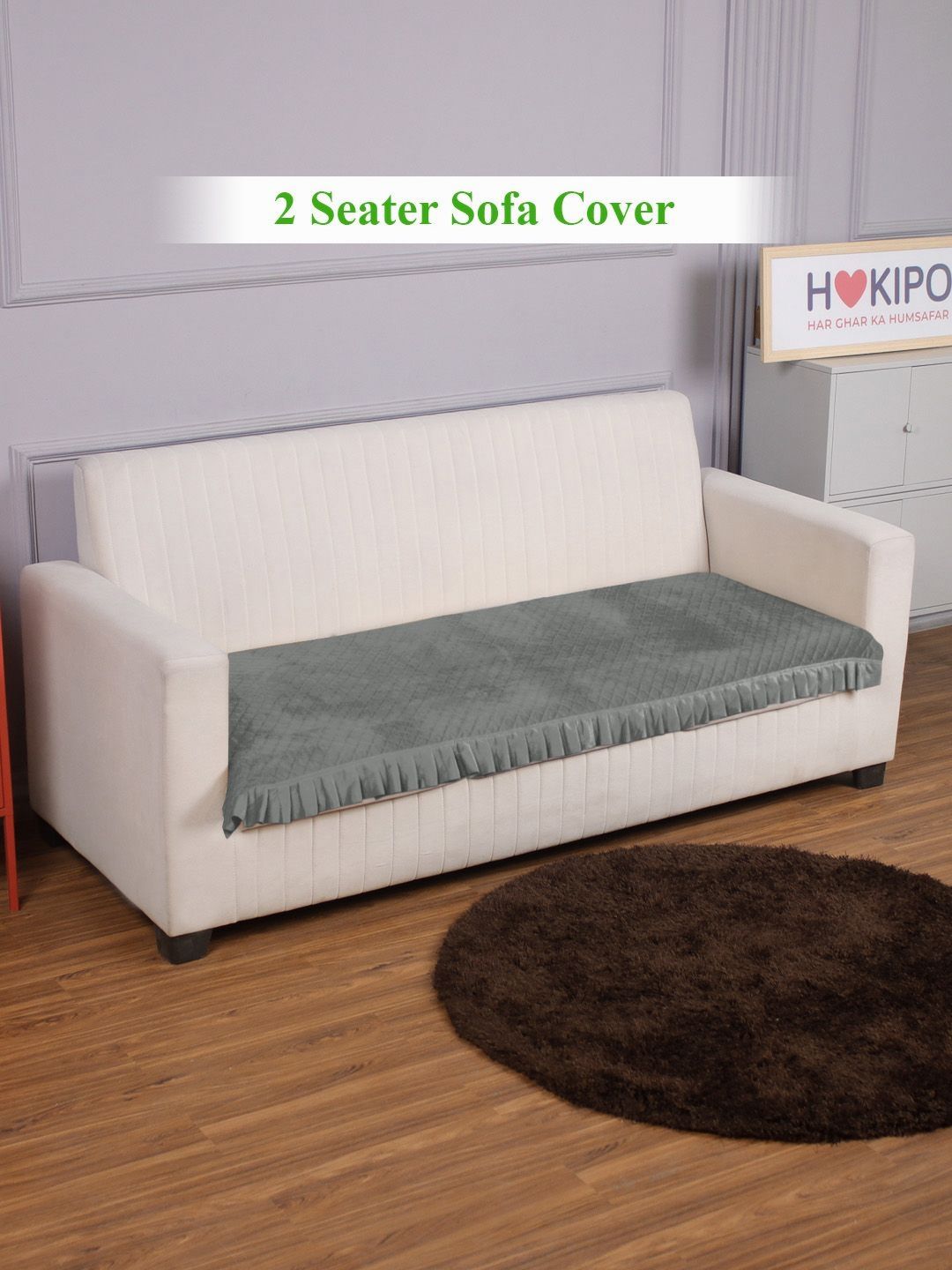 HOKIPO Grey Holland Velvet 2 Seater Sofa Cover Seat Mat with Frill