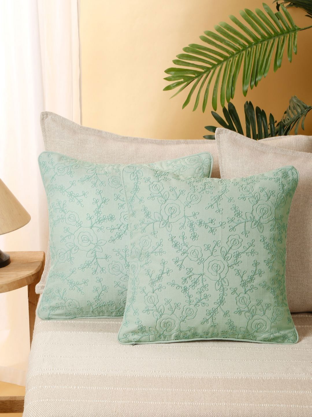 eyda Sea Green 2 Pieces Embroidered Cushion Covers
