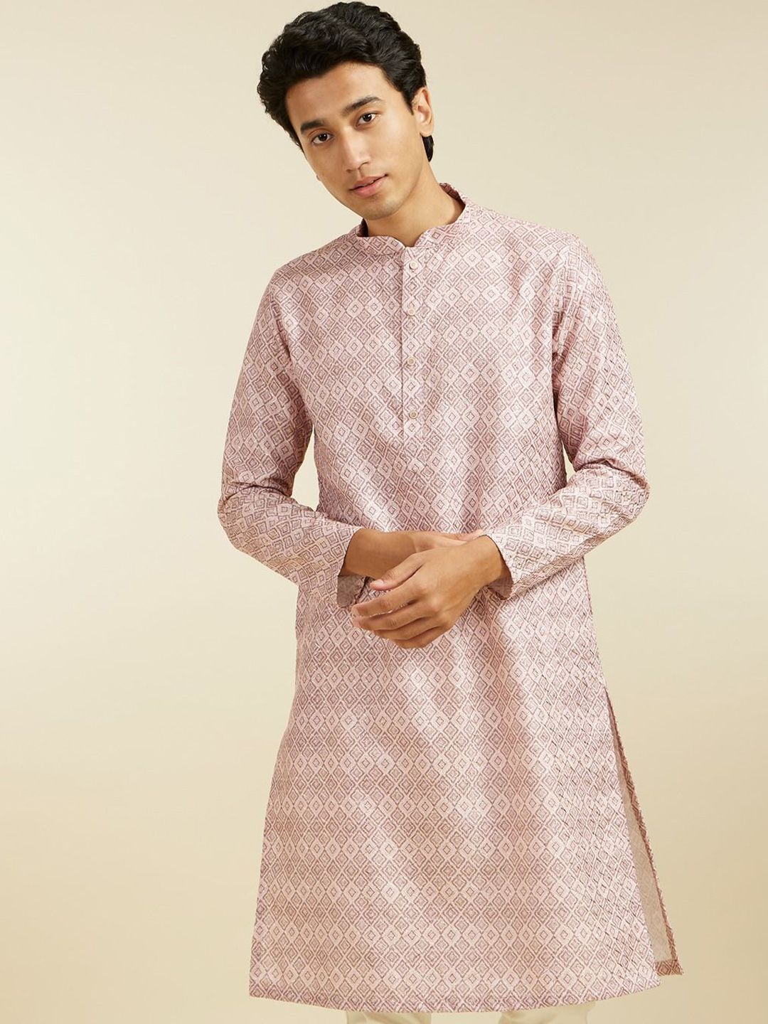 Diwas by Manyavar Geometric Printed Mandarin Collar Straight Kurta