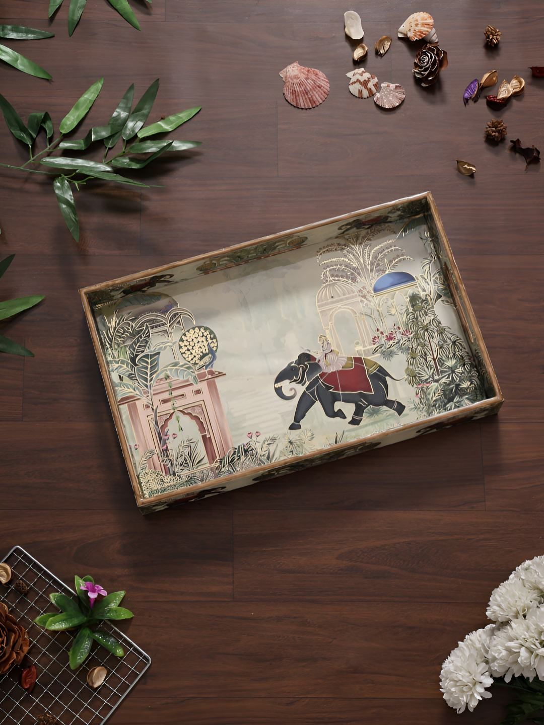 HomeShastra Royal Elephant Brown & Beige Printed Wooden Easy To Clean Serving Tray