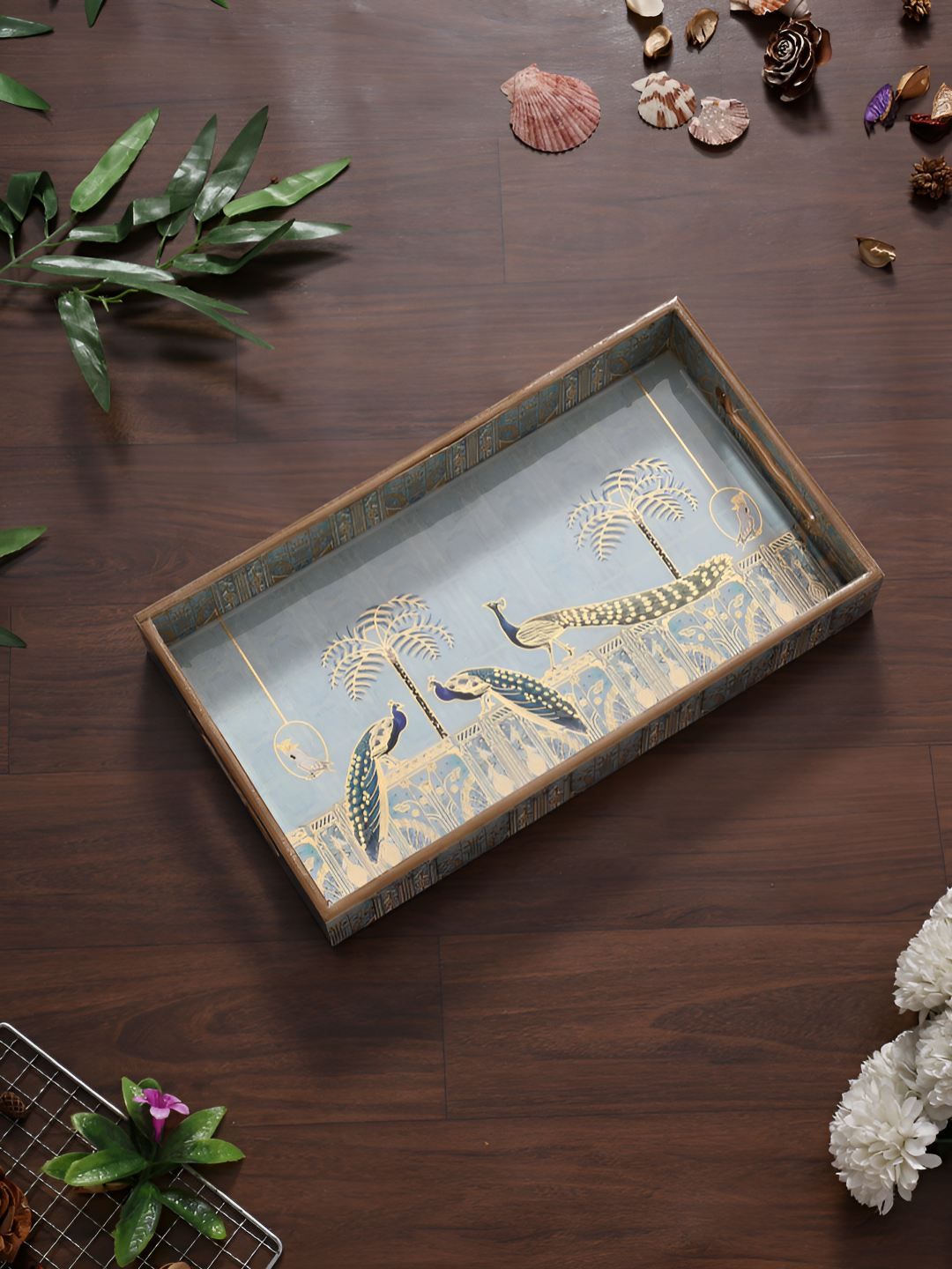 HomeShastra Blue Wood Serving Tray