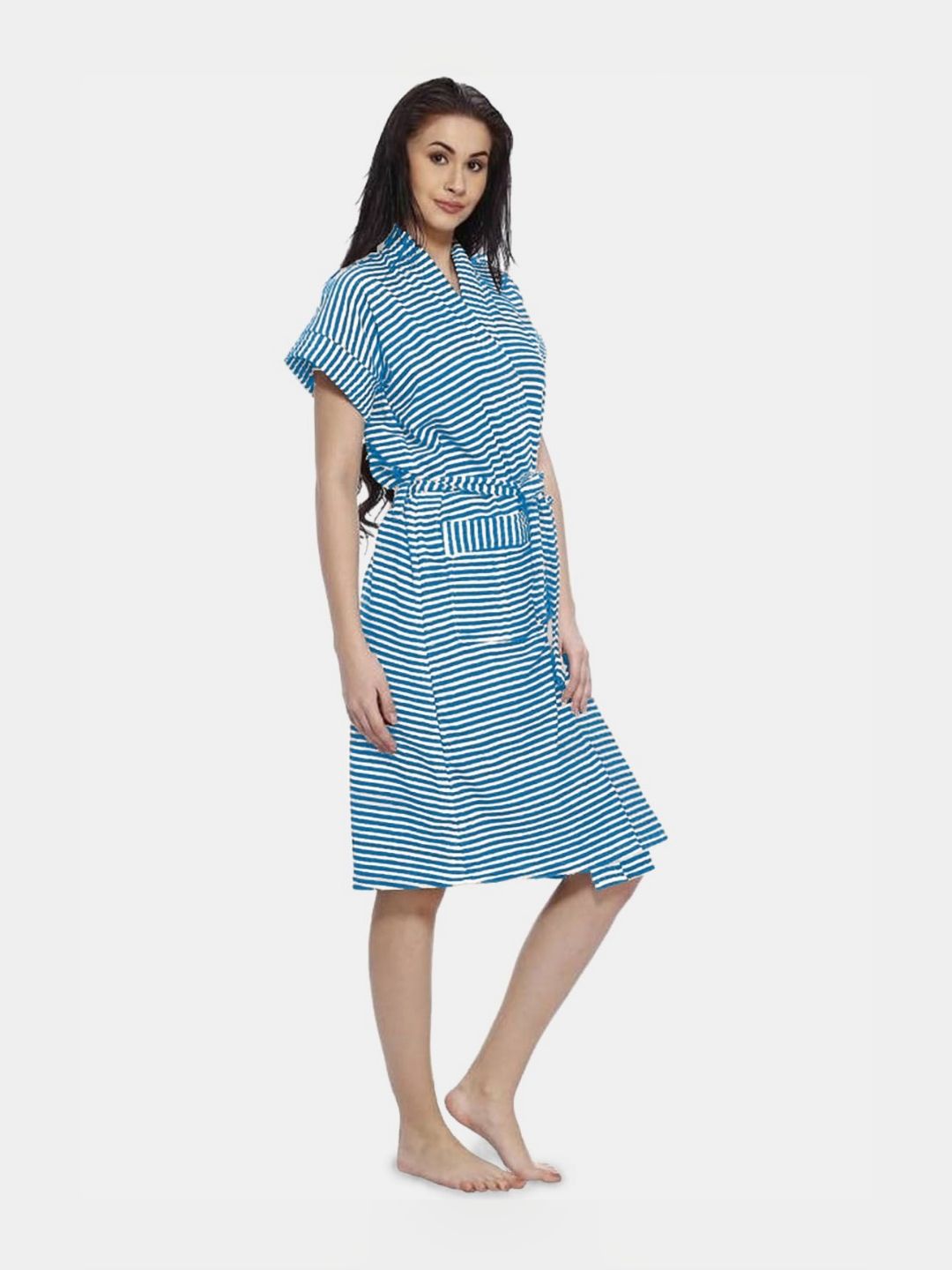 FILMAX ORIGINALS Blue & White Striped Short Sleeve Terry Bathrobe