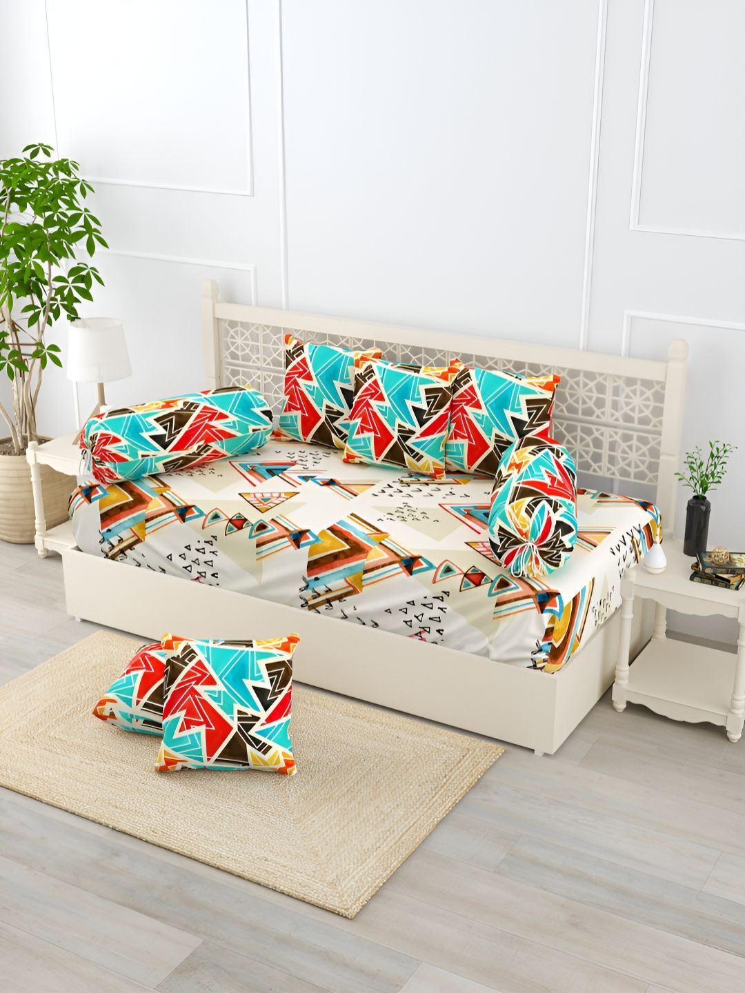 EverHOME Blue & Red 8 Pieces Abstract Printed Pure Cotton Diwan Set