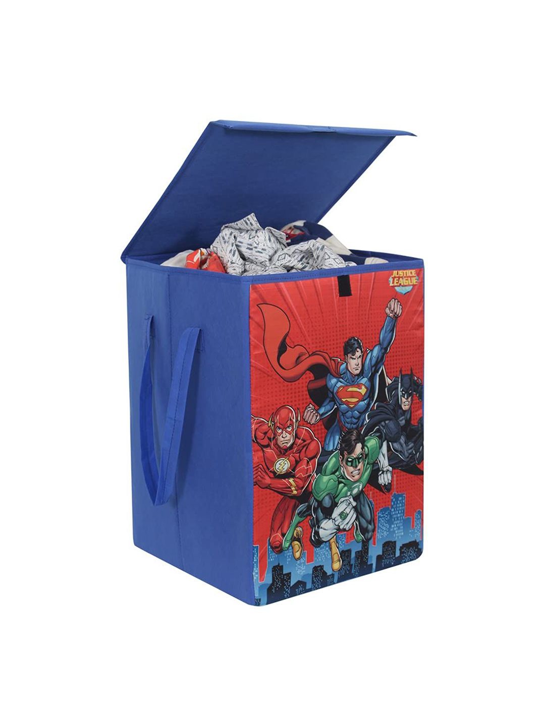 prettykrafts Blue & Red Printed Foldable Laundry Bag With Lid & Handles