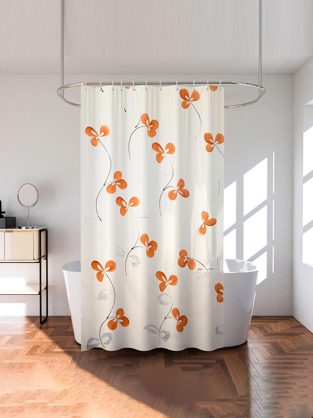 Kuber Industries White & Orange Printed Shower Curtains With Rings