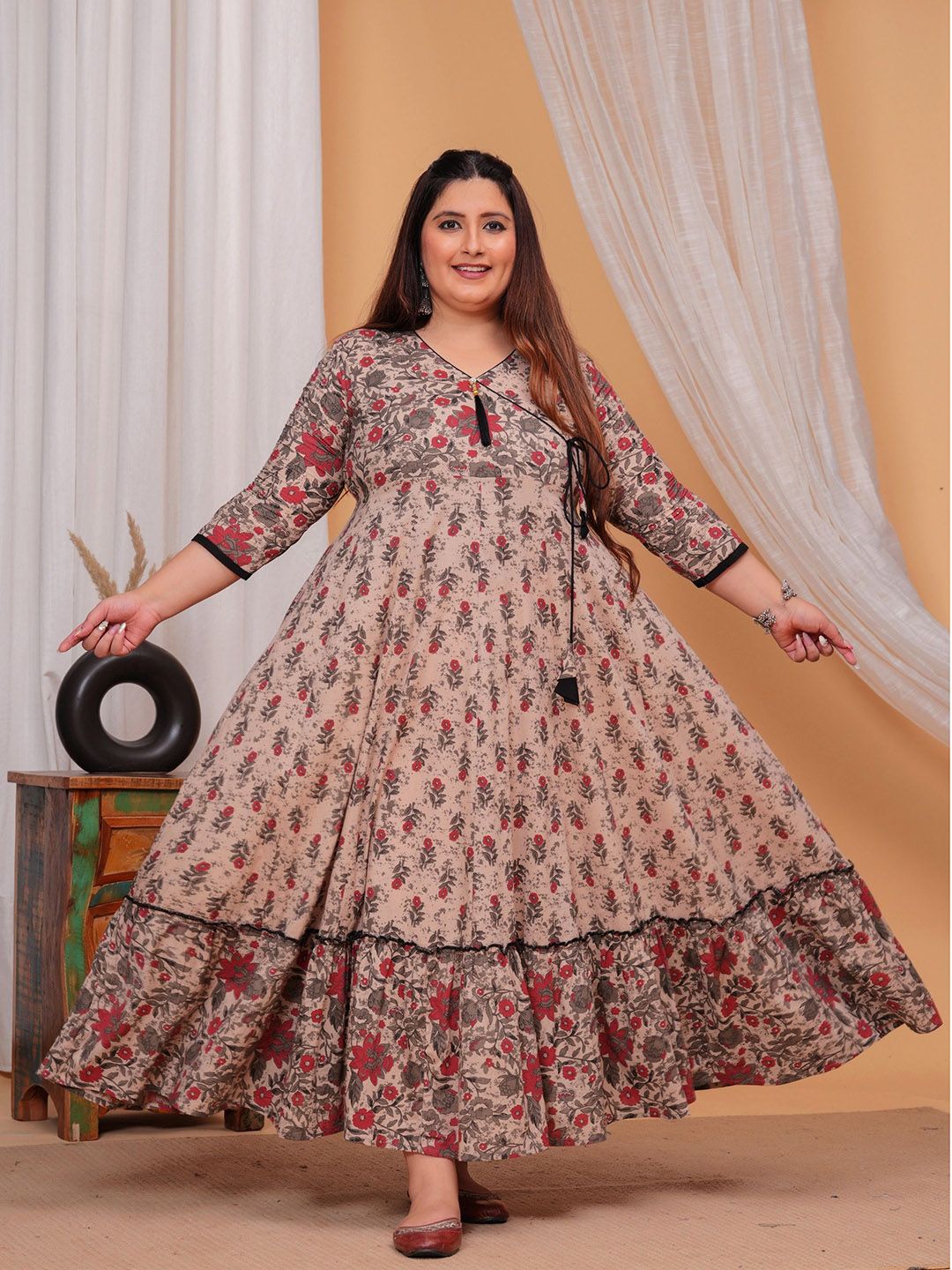 LABULY Plus Size Floral Printed V-Neck Cotton Maxi Fit and Flare Ethnic Dresses