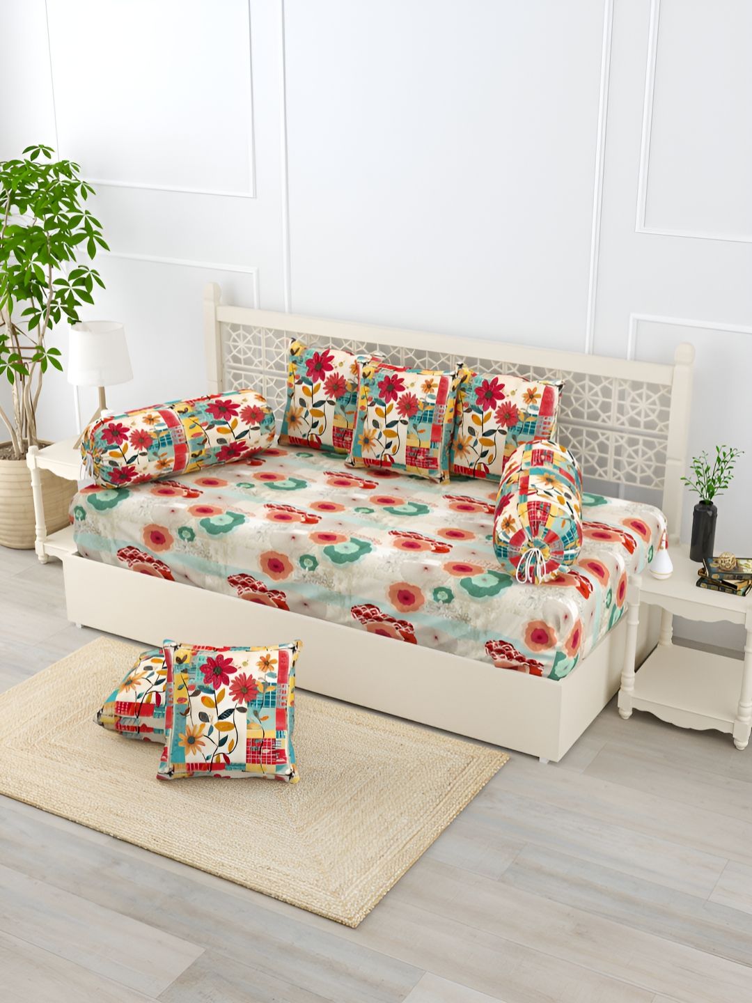EverHOME Red & Green 8 Pieces Floral Printed Pure Cotton Diwan Set