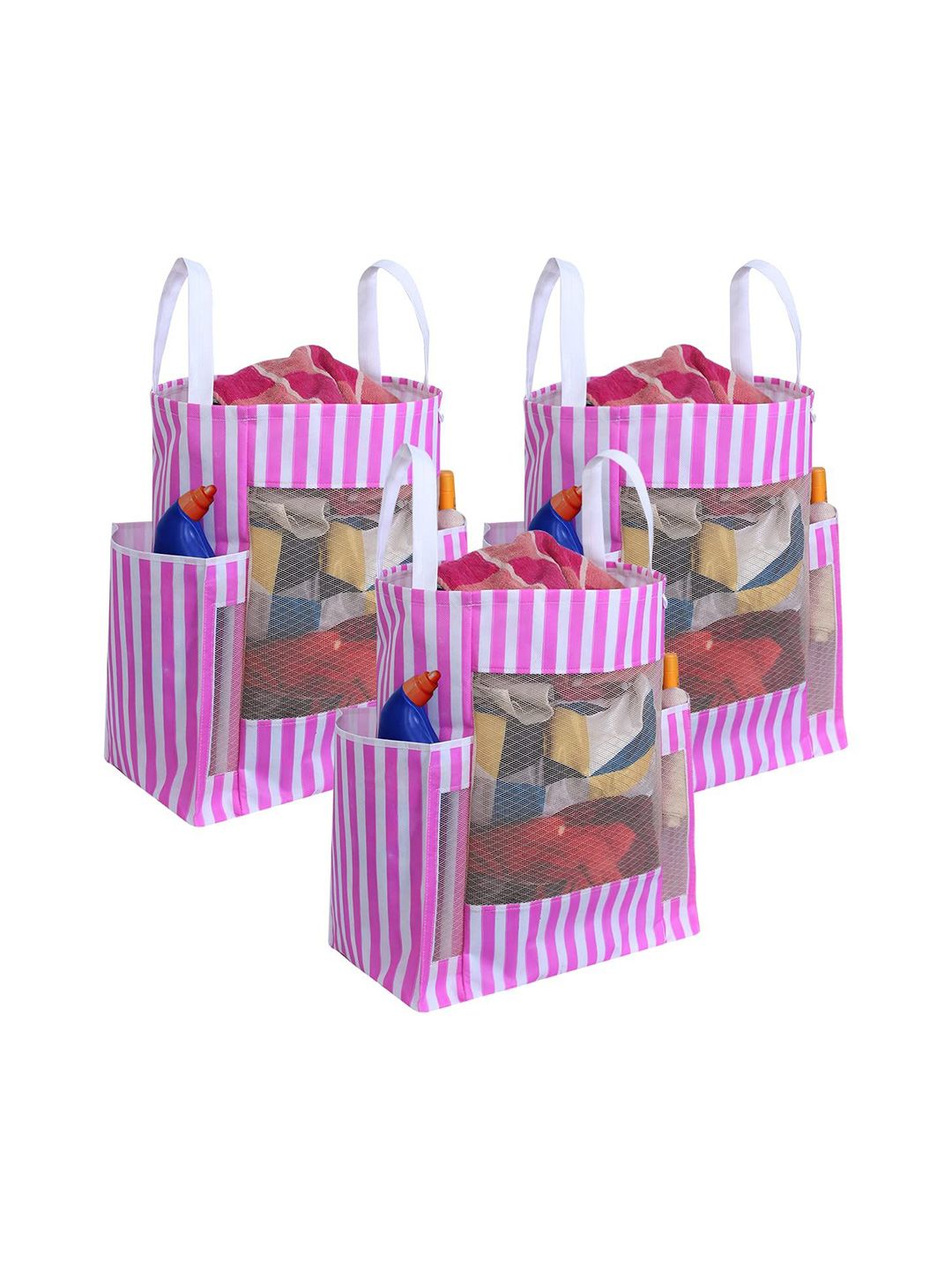prettykrafts Pink & White 3 Pieces Striped Foldable Laundry Bag With Side Pockets-45L Each