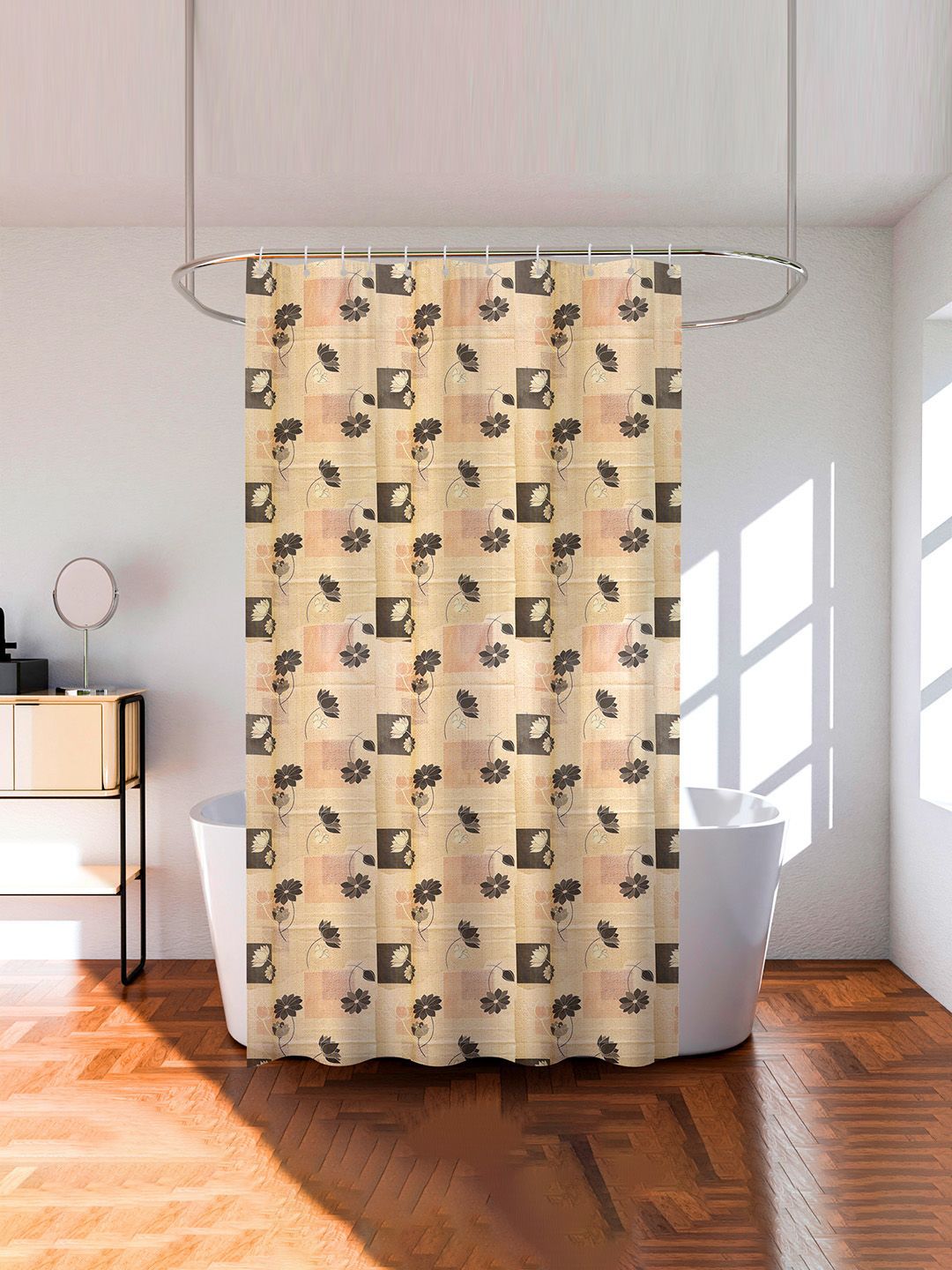 Kuber Industries Beige & Grey Printed Waterproof Shower Curtains