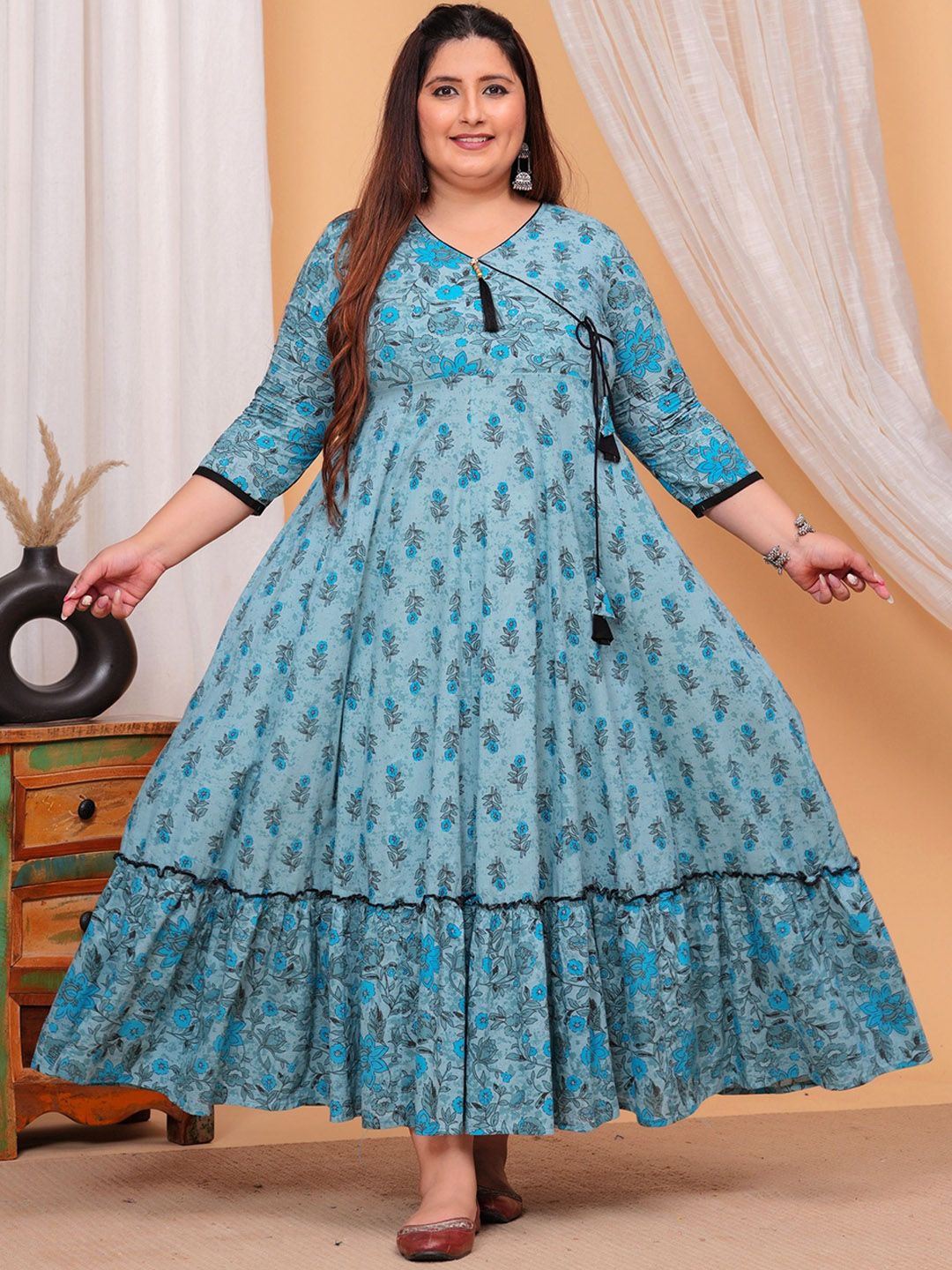 LABULY Plus Size Floral Printed V-Neck Cotton Maxi Fit and Flare Ethnic Dresses